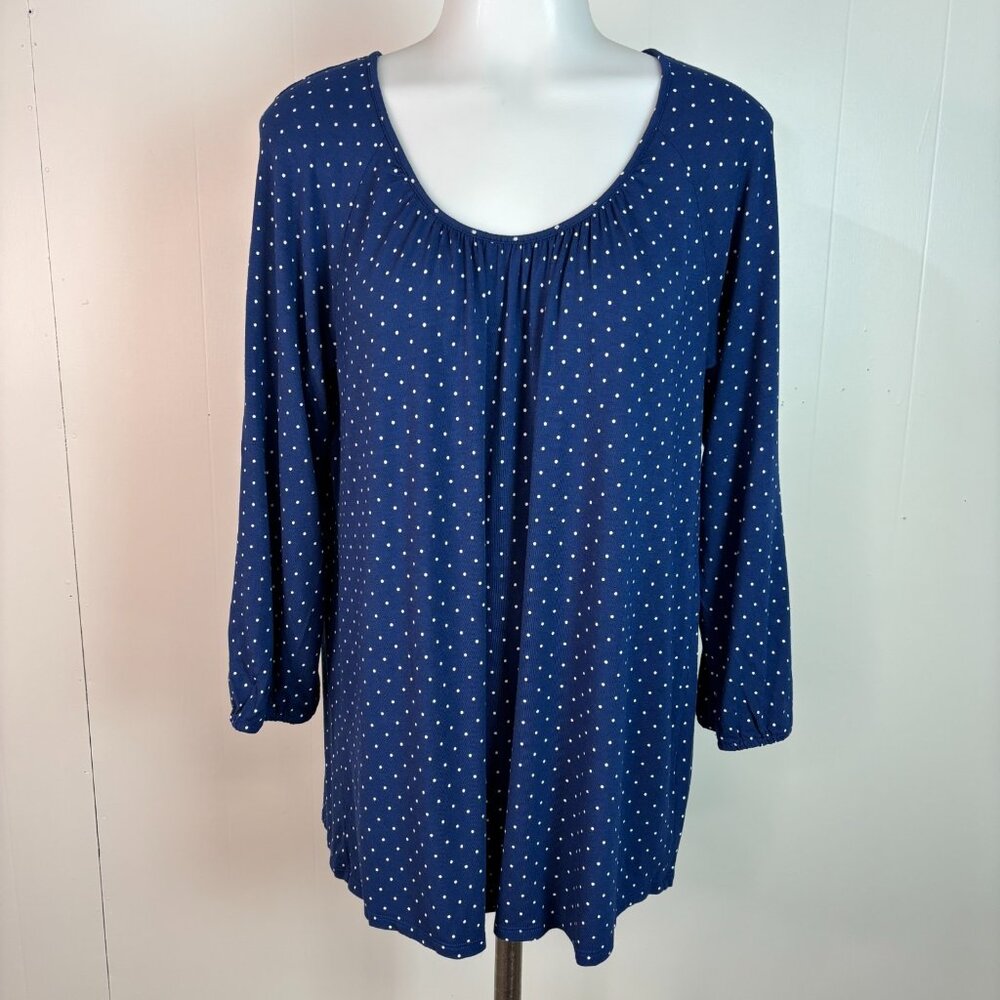 J. Jill Top Small Tall Navy Blue Polka‎ Dot 3/4 Sleeve Stretch Wearever Women's